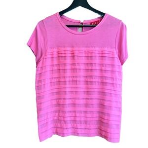 ELLE Pink Blouse Top‎ Womens L Sheer Striped Detail Short Sleeve Lightweight